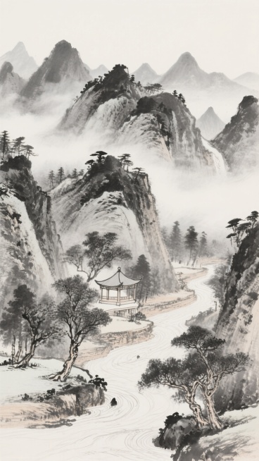 中国传统水墨山水画，以浓淡不一的墨色描绘变换布局的层叠山峦，山间云雾缭绕营造空灵意境，近处溪流蜿蜒，岸边点缀古朴亭台与苍劲树木，远山以淡墨晕染形成深远空间感，整体构图疏密有致，笔触兼具勾勒与皴擦的细腻质感，留白恰到好处，展现清幽淡雅、宁静致远的东方美学氛围。预览效果