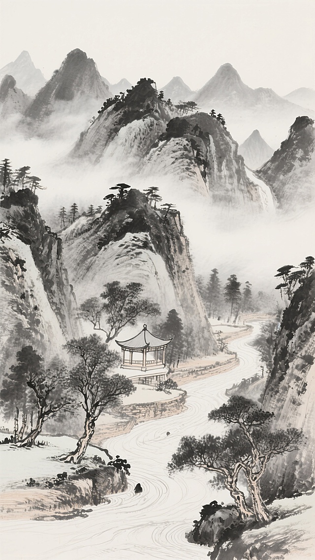 中国传统水墨山水画，以浓淡不一的墨色描绘变换布局的层叠山峦，山间云雾缭绕营造空灵意境，近处溪流蜿蜒，岸边点缀古朴亭台与苍劲树木，远山以淡墨晕染形成深远空间感，整体构图疏密有致，笔触兼具勾勒与皴擦的细腻质感，留白恰到好处，展现清幽淡雅、宁静致远的东方美学氛围。