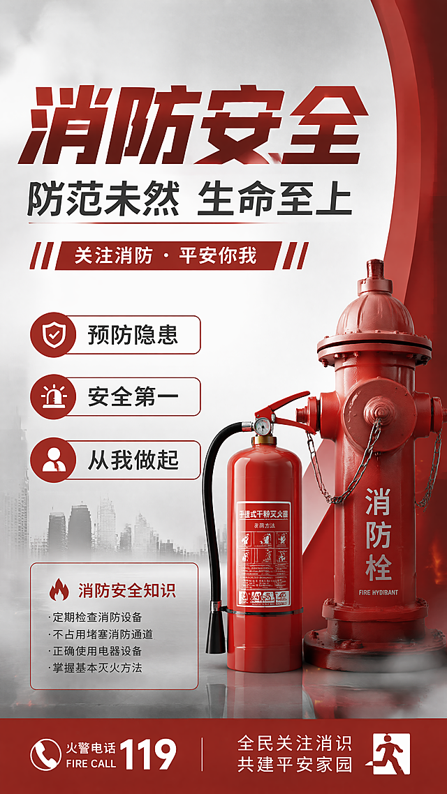 写实商业风格消防安全宣传海报，严肃正式，画面包含主标题"消防安全"，副标题"防范未然 生命至上"，装饰文案"关注消防 · 平安你我"，卖点标签"预防隐患"、"安全第一"、"从我做起"，整体版式精美，采用消防红与沉稳灰配色，加入灭火器、消防栓等消防元素，背景简洁突出文字信息，传递消防安全知识，提升公众防范意识，核心目标信息传达，画面比例9:16