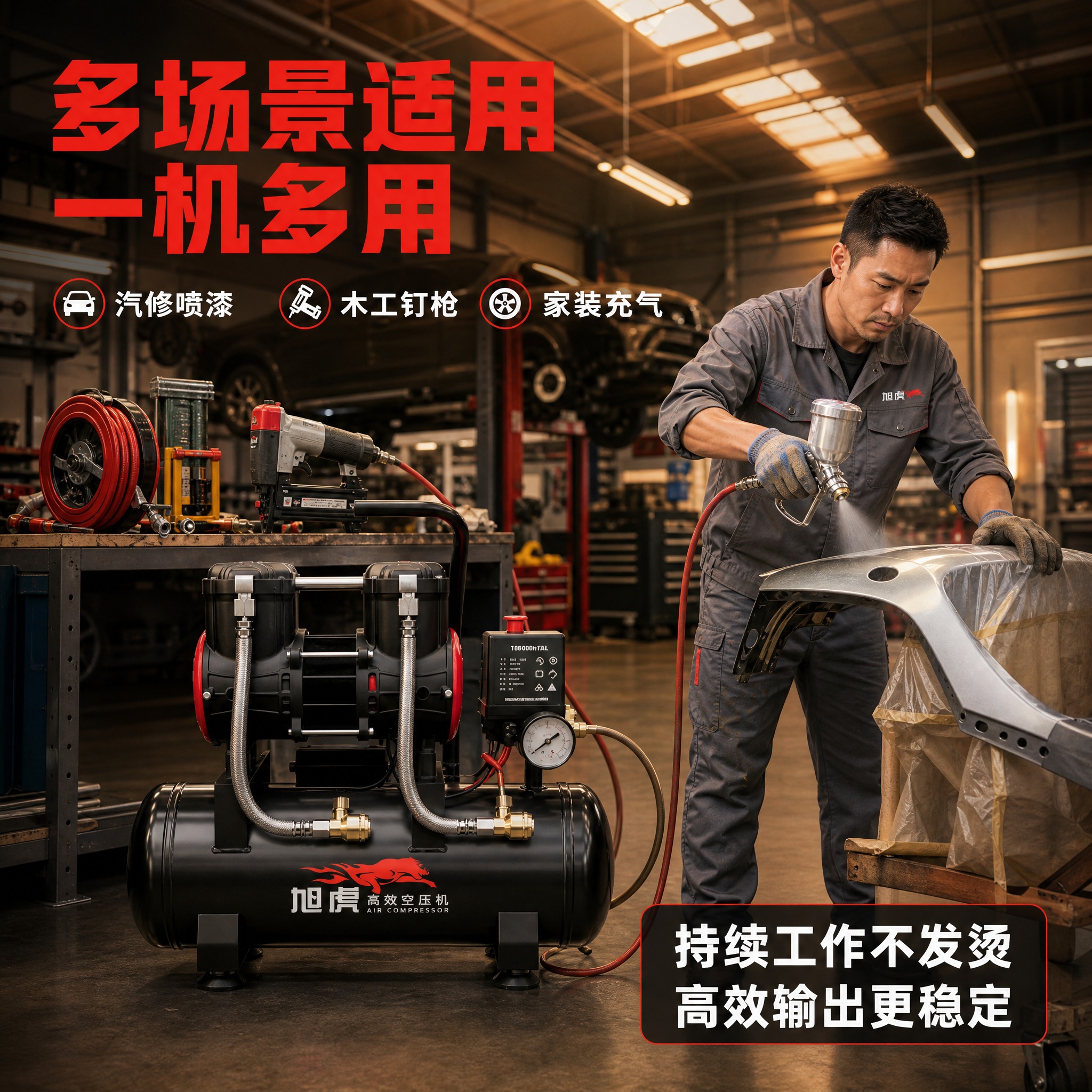 [主图-4] 使用场景与操作，展示空压机在汽修厂/木工厂的实际… - 图片创意预览