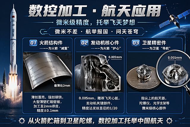 数控加工航天应用主题海报，整体科技工业风格，标题为"数控加工 · 航天应用"，副标题"微米级精度，托举飞天梦想"，标语"微米不差 · 航天报国· 问天苍穹"。第一部分：火箭结构件——为火箭"减重"，展示大型弧形金属火箭贮箱壁板，标注箭头文字"最薄处2mm"，配文案"薄如蛋壳，强如钢铁，大型薄壁贮箱壁板，加工至2mm厚度，精度±0.1mm"。第二部分：发动机核心件——为火箭"护心"，展示发动机机匣剖面图，标注文字"0.005mm"，配文案"0.005mm，雕琢飞天心脏，发动机关键部件，精度达发丝直径的1/20"。第三部分：卫星精密件——为卫星"导航"，展示硬币大小陀螺仪零件特写带放大镜效果，标注文字"0.001mm"，配文案"指尖上的航天器，陀螺仪、光学支架等微米级核心部件"。底部文案"从火箭贮箱到卫星陀螺，数控加工托举中国航天"，深蓝色科技背景，金属质感，清晰文字排版，航天风格，主色调深蓝色+金属银。