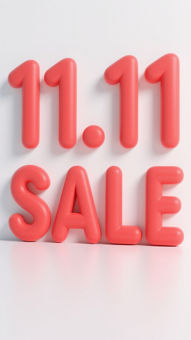 软3D风塑料质感大字，红白极简配色，突出11.11促销氛围，现代感十足的视觉设计。