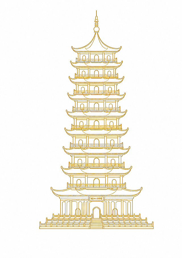 将这座塔转换为金色线稿风格，保留塔的整体结构轮廓，仅使用金色线条勾勒形状，白色背景