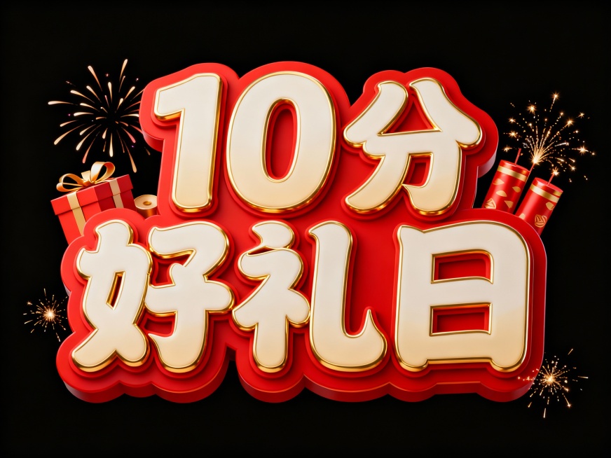 字体设计“10分好礼日”背景纯黑，10和好礼日字体一样大，分字体小一点，笔画圆润，笔画流畅。以红色为主色调，搭配金色和米白色，，红色热烈喜庆，金色凸显华贵，米白色柔和过渡，层次丰富。字体边缘有立体效果预览效果