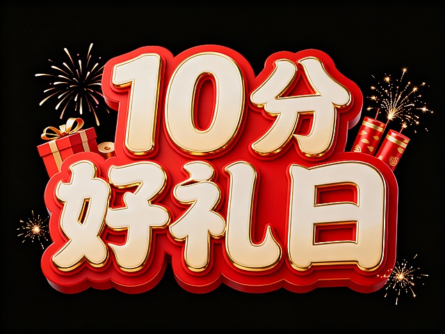 字体设计“10分好礼日”背景纯黑，10和好礼日字体一样大，分字体小一点，笔画圆润，笔画流畅。以红色为主色调，搭配金色和米白色，，红色热烈喜庆，金色凸显华贵，米白色柔和过渡，层次丰富。字体边缘有立体效果，像是跃出画面。两侧点缀着礼品盒，鞭炮、烟花元素，还有飞溅的火花装饰。
