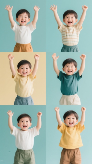系列素材集合，每个素材均为亚洲小男孩，穿着不同造型的童装，保持双手高举、笑容灿烂的姿态，纯色背景，整体色彩各异，采用高清晰度、柔和自然光、明亮清新的摄影风格，光线均匀，阴影柔和，画面干净简洁，六个造型规整排布，视觉统一且色彩多样预览效果