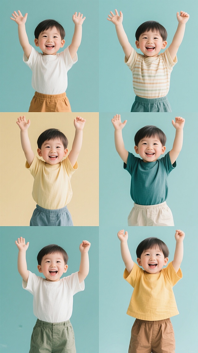 系列素材集合，每个素材均为亚洲小男孩，穿着不同造型的童装，保持双手高举、笑容灿烂的姿态，纯色背景，整体色彩各异，采用高清晰度、柔和自然光、明亮清新的摄影风格，光线均匀，阴影柔和，画面干净简洁，六个造型规整排布，视觉统一且色彩多样