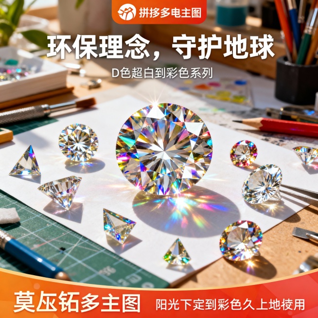 图片这款产品是莫桑石裸钻，我在拼多多卖这款产品，请以我提供的产品图片为主图主体设计20张相关的电商主图。
1.主图卖点： 火彩璀璨，闪耀夺目，在阳光下绽放七彩光芒，每一个角度都闪耀着迷人的光彩，让你成预览效果