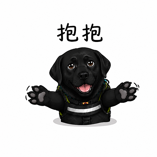 提取左上抱抱的黑色拉布拉多小狗，保留标题文字'抱抱'和全部内容，背景为纯白色，裁剪成正方形