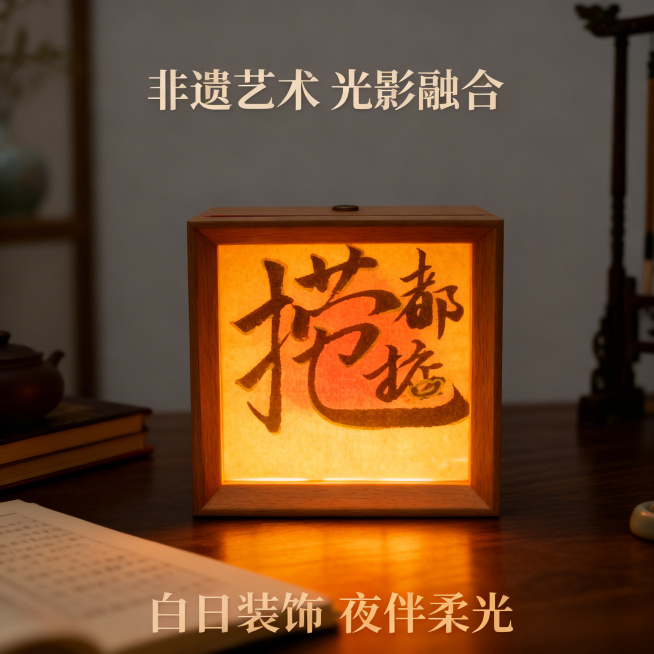 书法合体字小夜灯点亮效果展示，产品外观与原图保持一致。白天是桌面艺术摆件，夜晚点亮后暖光从边框透出，温馨治愈氛围灯效果。禅意新中式书房桌面场景，背景为浅灰色墙面，暖黄色柔和光线弥漫整个画面，氛围感拉满预览效果