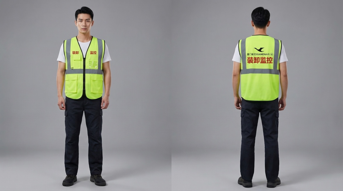 同一位中国男模特左右站立，左侧为穿着这件荧光黄绿色反光安全背心的正面露脸全身照，完整保留正面“装卸”“监控”红色字样与所有口袋设计，右侧为穿着该背心的背面全身照，完整保留背面“装卸监控”红色文字与厦门预览效果
