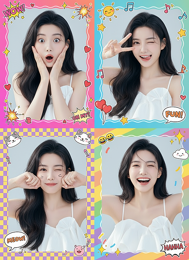 生成一组4张大头贴照片，每张照片都要有不同的表情和动作，动作要夸张，每张图的周边都是大头贴的边框和贴纸装饰