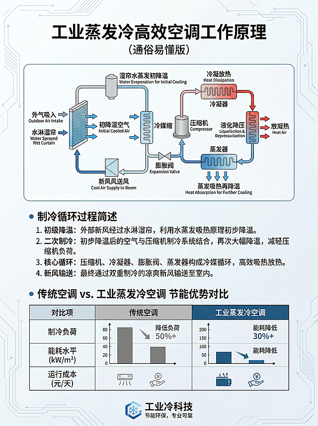 工业科技风，沉稳专业，3:4比例，工业蒸发冷空调工作原理说明模块，搭配清晰的原理流程图解，文字通俗易懂讲解制冷循环过程，对比传统空调突出节能优势，背景为浅白搭配科技线条