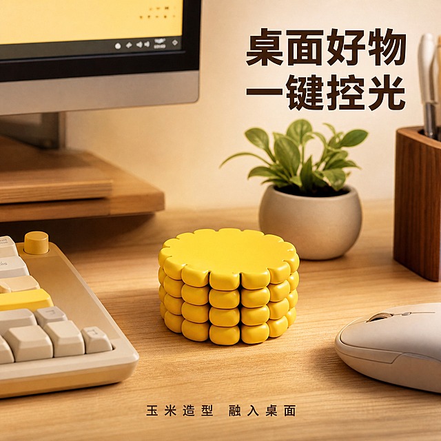 [主图-5] 桌面使用场景图 真实使用体验
[统一基调] 干净暖色调电脑桌面场景，暖木色桌面，柔和暖光，商业摄影质感，产品占据画面主位，1:1正方形构图。
[画面] 温馨有趣的桌面办公场景：暖木色桌面上，玉米造型遥控器外壳放置在显示器前方偏左位置，上盖盖合，作为桌面装饰兼控制器。桌面上还可见：电脑显示器（屏幕发出柔和暖光）、机械键盘一角、鼠标、一小盆绿植装饰、木质笔筒等，整体布置整洁有趣味。玉米外壳是画面视觉焦点，占画面约40%，周围桌面元素自然衬托。略微俯视角度，展现完整的桌面使用氛围。背景虚化，突出前景产品。
[光影质感] 整体暖色调光线，显示器发出柔和暖光作为环境光补充，玉米表面玉米粒凸起有自然高光反光，桌面有柔和阴影，氛围温馨治愈。
[配色] 暖木色桌面+金黄色玉米产品+暖光环境，整体温暖明亮的桌面氛围，绿植点缀少量绿色，不破坏主色调。
[文字版式] 画面右上角主标题"桌面好物 一键控光"，深棕色粗体无衬线字体。画面底部小字"玉米造型 融入桌面"，浅棕色。文字简洁，不遮挡主要产品。
[输出要求] 1:1正方形比例，2K分辨率，场景真实自然，产品清晰，整体氛围温馨。负向：产品占比过小、冷色调、杂乱桌面、产品模糊、悬浮、水印、平台Logo、场景元素过多喧宾夺主、玉米造型变形。