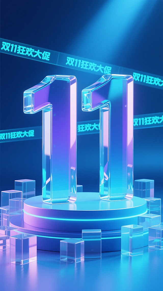 3D渲染风格的电商促销海报，画面主体为两个巨大的、具有高透明度和强烈反光质感的立体数字“11”，呈现出水晶般的光泽，底部由多个大小不一、同样具有透明玻璃质感的立方体展台支撑，展台元素保持不变。整体色调改为以深邃的宝蓝色为背景渐变，从顶部深蓝过渡到中部湖蓝再到底部浅蓝，数字“11”和展台则采用明亮的青色与紫色渐变，边缘带有霓虹蓝的高光，营造出科技感与未来感兼具的双十一电商促销氛围。背景中隐约可见水平排列的半透明文字条，上面重复显示“双11狂欢大促”的促销信息，文字颜色为淡青色，与主体色彩和谐统一。光线从顶部斜射下来，在数字和展台上形成清晰的高光和柔和的阴影，增强立体感和空间感，整体画面视觉层级清晰，核心“11”数字作为视觉焦点突出，信息传达高效，符合电商促销吸引眼球、营造热烈购物氛围的设计目的。
