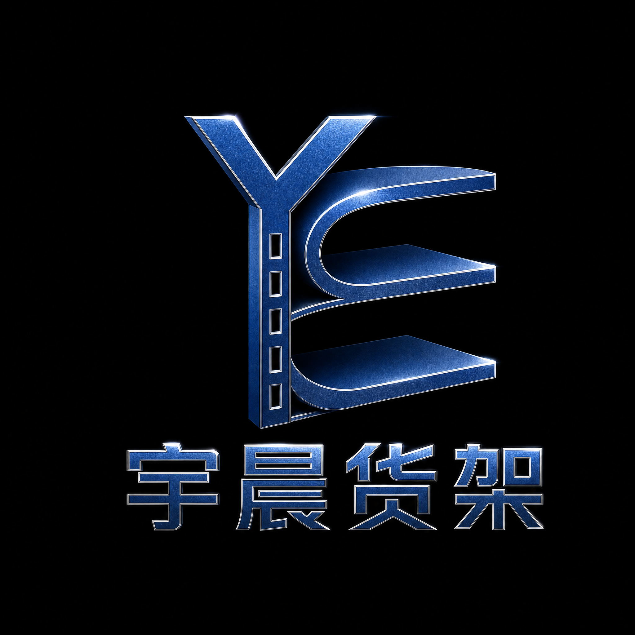 将图中的YC货架图形和"宇晨货架"文字改为深蓝色金属质感，带有… - 图片创意预览