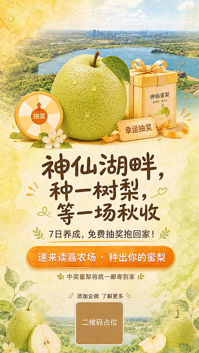 将海报中央的大蜜梨替换为参考图中的青绿色翠冠梨外观：底色为清新的青绿色带黄绿调，表皮布满细密的深褐色小斑点（锈斑颗粒质感），梨形圆润饱满，表面有水珠光泽，顶部带棕色果柄和绿叶。保持海报原有构图、背景、礼盒、抽奖转盘、所有文案、按钮、二维码占位、花朵叶片装饰等其他所有元素完全不变，只替换中央主梨的外观，使其与参考图中的青绿色带斑点梨一致。