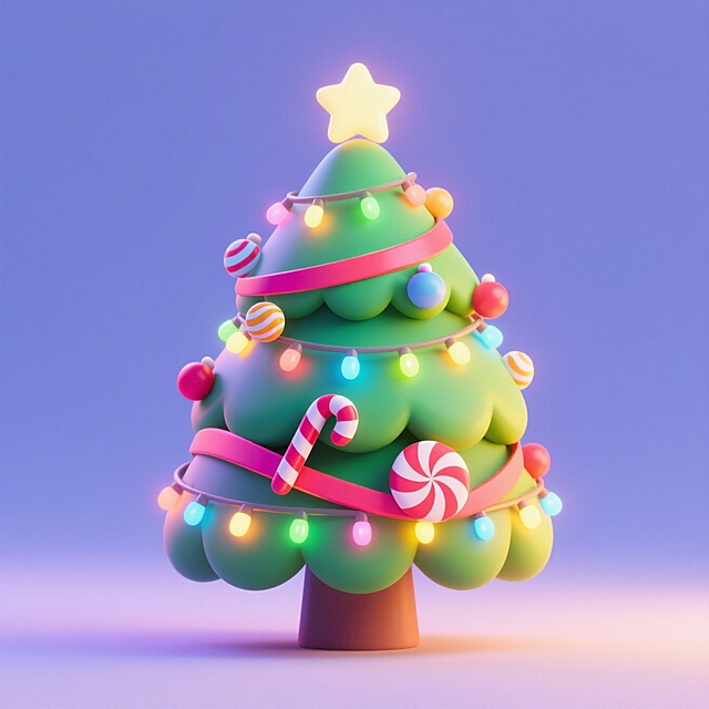 一棵圣诞树，上面有糖果，彩带，彩灯