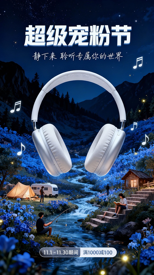 一个巨大的图中主体漂浮在深蓝色花海与溪流环绕的奇幻山谷中，周围有露营帐篷、房车、小木屋和人物在休闲娱乐，有人在钓鱼、阅读、坐在阶梯上听音乐，空中飘着音符和萤火虫，背景是黑色山脉与森林，夜空下静谧而浪漫，画面充满童话感与未来科技感，色彩梦幻，上方有白色主标题3D文字“超级宠粉节”，主标题下为手写白色副标题文字“静下来 聆听专属你的世界”，底部有折扣标签“11.1-11.30期间 满1000减100”，风格为超现实插画，3D渲染，细腻光影，治愈系氛围。