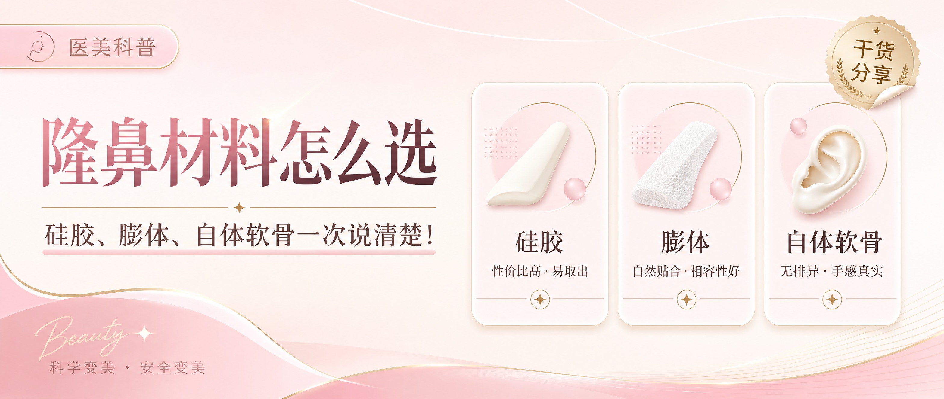 医美科普公众号封面海报，主题为隆鼻材料选择科普。画面采用干净高… - 图片创意预览