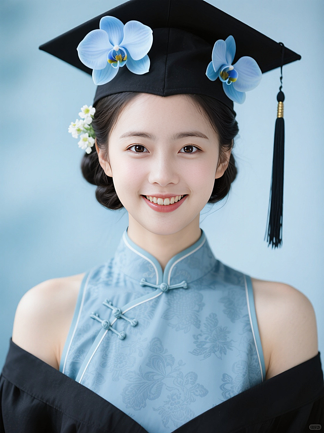 女生，学士服证件照，复古妆容，古典低盘发戴学士帽，黑色穗子，头上簪两朵浅蓝色的蝴蝶兰和白色小花，黑色学士服领口有复古花纹，内衬是淡蓝色旗袍盘扣领口，浅蓝色朦胧背景，露齿笑