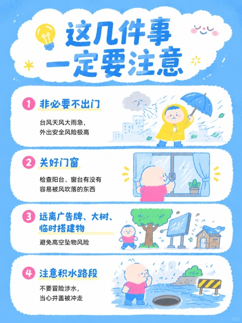 小红书台风预警内页，延续参考图可爱手绘插画风，蓝白配色，标题写「💡 这几件事一定要注意」，分点写四条注意事项：1️⃣ 非必要不出门——台风天风大雨急，外出安全风险极高 2️⃣ 关好门窗——检查阳台、预览效果