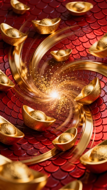 宏大的抽象艺术画面，强烈的金红几何色块碰撞，无数金元宝的轮廓被解构成流畅的金色线条，在深邃的红色鱼鳞纹背景上交织、旋转，光线从中心爆发，照亮了细微的金粉，充满动感、奢华和力量预览效果