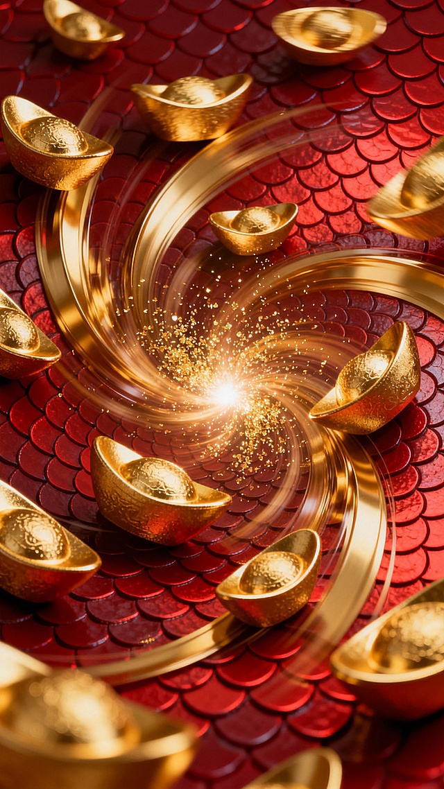 宏大的抽象艺术画面，强烈的金红几何色块碰撞，无数金元宝的轮廓被解构成流畅的金色线条，在深邃的红色鱼鳞纹背景上交织、旋转，光线从中心爆发，照亮了细微的金粉，充满动感、奢华和力量
