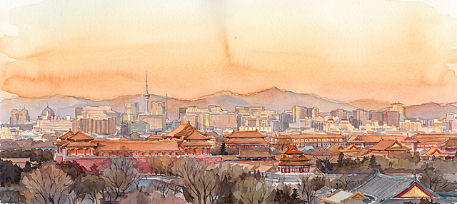 将这张城市故宫景观图片转换为水彩风格，保留原构图和内容，使用水彩晕染质感和淡彩笔触