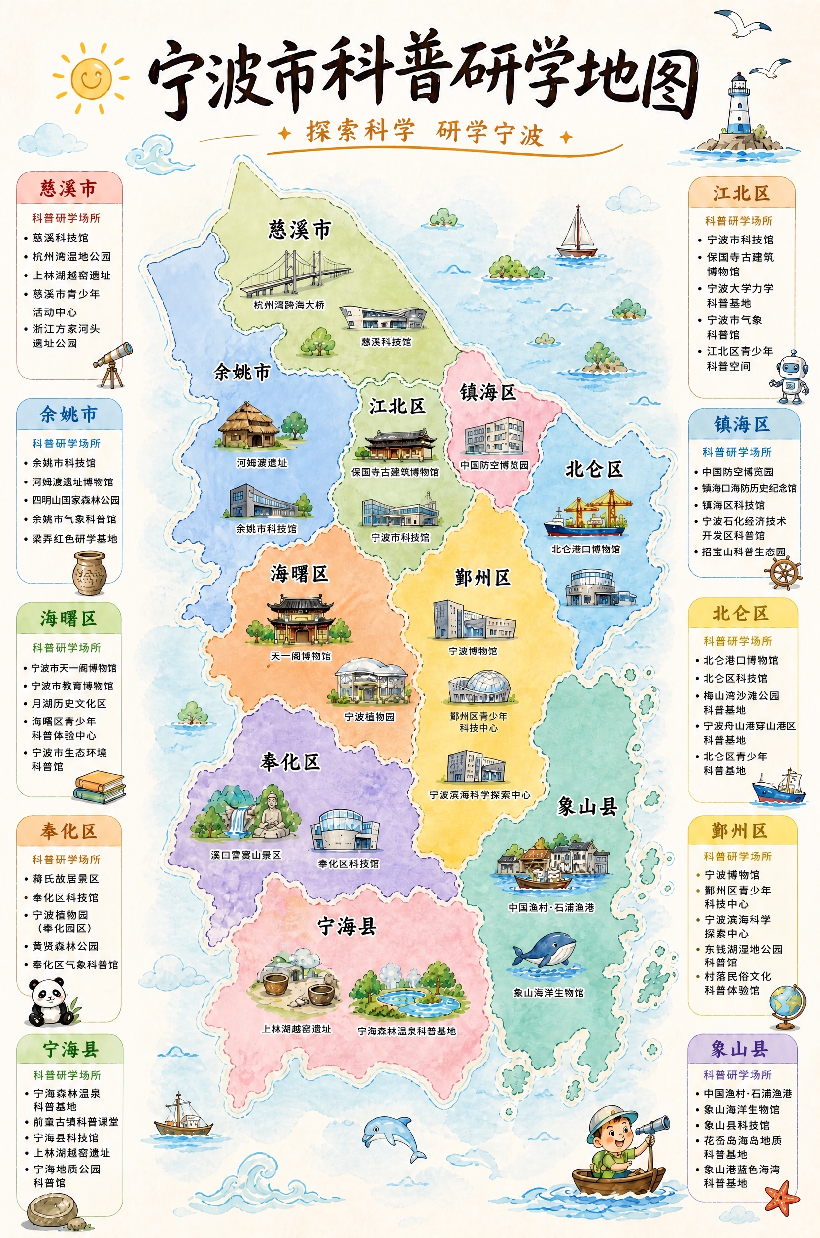 基于当前手绘水彩风格宁波市科普研学地图海报，保持整体版式、地图… - 图片创意预览
