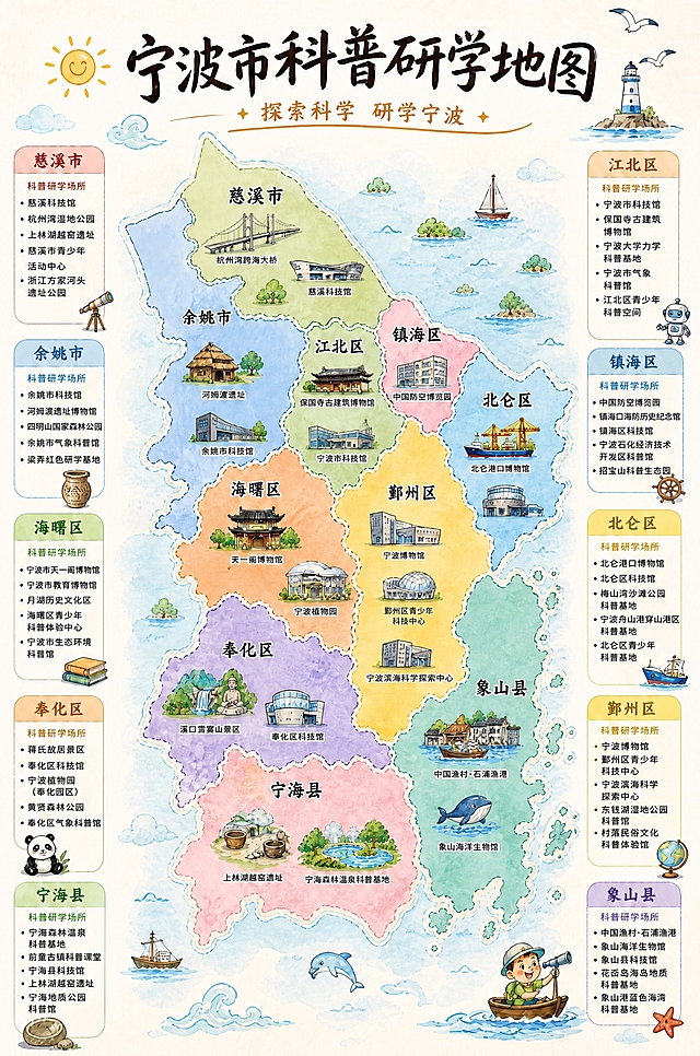 基于当前手绘水彩风格宁波市科普研学地图海报，保持整体版式、地图轮廓、配色风格、顶部标题和副标题均不变，仅替换左右两侧信息栏的科普场所文字内容，更新每个区县的科普研学场所列表，文字清晰可读。左侧从上到下为慈溪市、余姚市、海曙区、奉化区、宁海县；右侧从上到下为江北区、镇海区、北仑区、鄞州区、象山县。每个区县的信息栏列出对应的科普场馆和基地名称，保持手绘水彩卡通风格统一，整体版式精美，信息分区清晰。