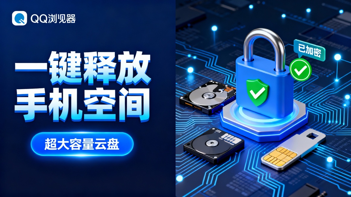 左侧深蓝色背景，左上角QQ浏览器logo，大号蓝白渐变立体标题“一键释放手机空间”，下方蓝色发光按钮“超大容量云盘”；右侧3D立体展示一把锁图标（含“已加密”标签与绿色对勾）及各种数据存储设备图标（如预览效果