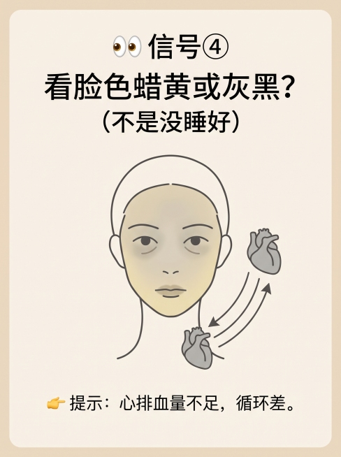 小红书3:4简约健康科普图文，文字内容"👀 信号④ 看脸色蜡黄或灰黑？（不是没睡好）👉 提示：心排血量不足，循环差。"，搭配简约线条示意图，柔和浅米色背景，配色干净精致，适合小红书展示，不带固生堂预览效果
