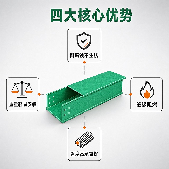 [主图-2] 核心卖点展示图，任务是突出玻璃钢桥架四大核心优势。
[统一基调] 专业工业风，背景浅灰色渐变，主标题深绿色，辅助文字深灰色，强调色橙色，粗黑体无衬线字体，细线圆角卡片样式。
[画面] 画面中央放置一个绿色玻璃钢槽式桥架主体（带盖），视角为正面微侧，产品占画面约40%。桥架四周环绕4个功能图标卡片，呈菱形分布：上方卡片图标为盾牌+文字"耐腐蚀不生锈"，右侧卡片图标为火焰+文字"绝缘阻燃"，下方卡片图标为钢筋+文字"强度高承重好"，左侧卡片图标为天平+文字"重量轻易安装"。顶部大标题"四大核心优势"。每个卡片都是细线圆角矩形，图标在上文字在下，简洁明了。
[光影质感] 商业摄影质感，均匀明亮的工业照明，桥架表面玻璃钢纹理清晰，边缘锐利，底部有柔和投影。
[配色] 背景浅灰，产品绿色，标题深绿色，图标和卡片边框深灰色，强调点用橙色小标识。
[文字版式] 顶部标题居中粗黑体大号；四周卡片文字中等字号，居中对齐；整体排版对称均衡，文字不遮挡产品主体。
[输出要求] 1:1正方形，2048*2048px，文字清晰，产品结构准确。负向：产品变形、材质错误、文字模糊、杂乱、水印、穿模。