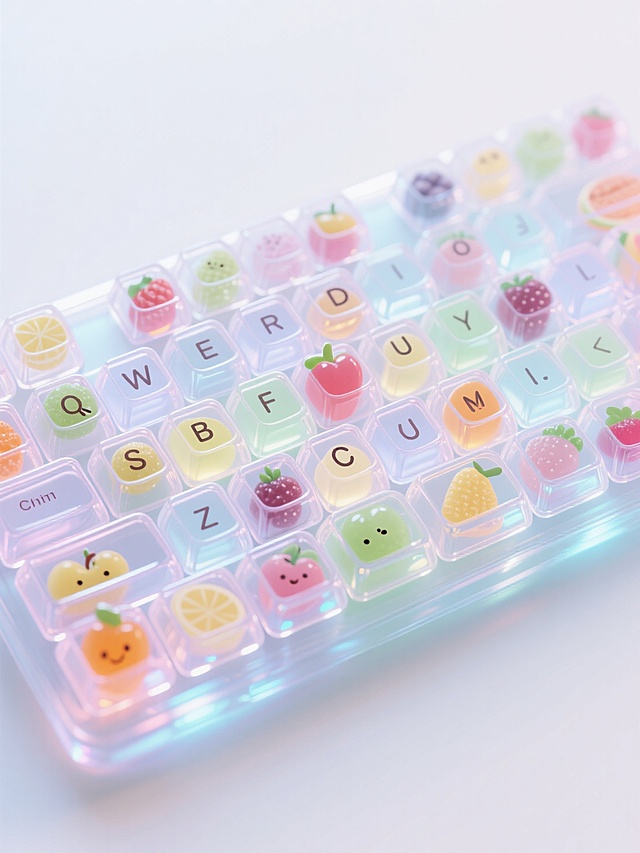 透明发光水果果冻键盘，亮晶晶，Q弹，一个键盘上全是各种不同的可爱小小的水果果冻，水果被罩在透明键盘格里，键盘上字母清晰