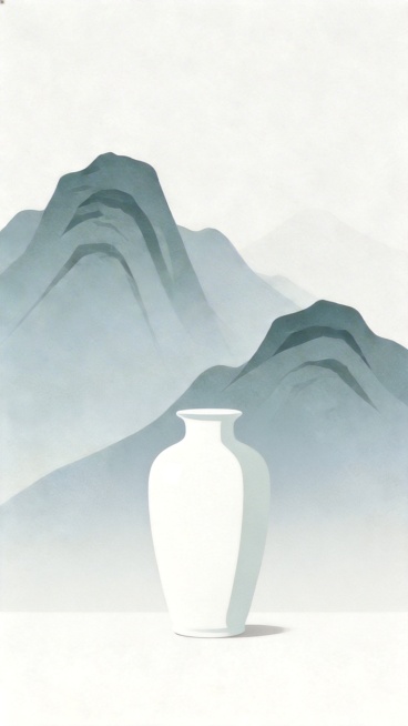 保留戴云山背景，大幅减少画面中的瓷器数量，仅保留1-2件代表性白瓷瓷器，浅灰白色调，扁平化风格，无文字预览效果