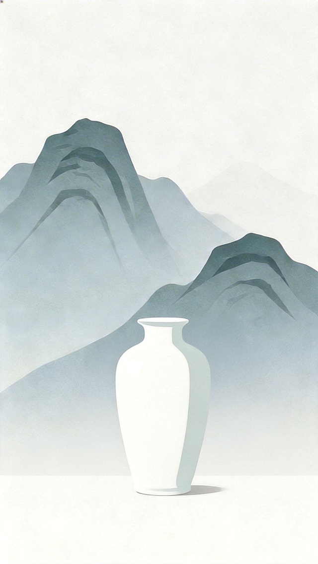 保留戴云山背景，大幅减少画面中的瓷器数量，仅保留1-2件代表性白瓷瓷器，浅灰白色调，扁平化风格，无文字