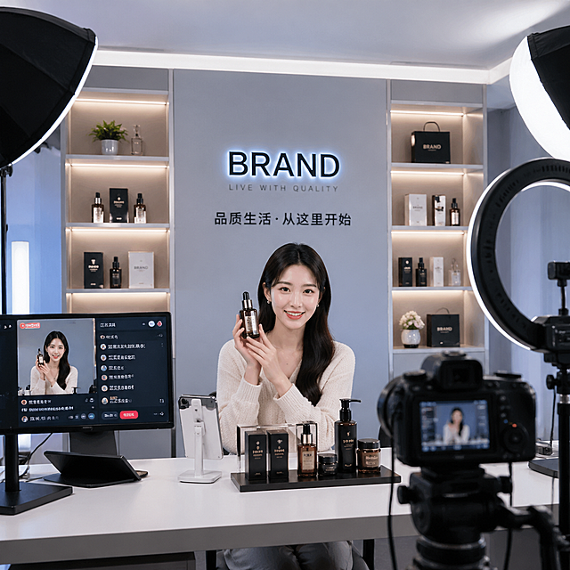 现代化电商直播间效果图，背景布置有品牌展示墙和产品陈列，专业补光灯光设备，主播工位整洁，科技感直播氛围，高清写实风格