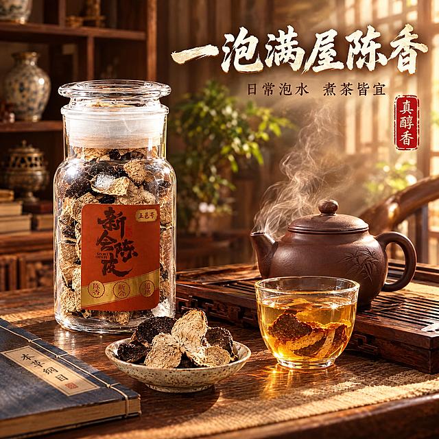 [主图-3] 一泡满屋陈香 日常泡水 煮茶都合适。
[统一基调] 整体国风暖调，深棕木色背景搭配暖金色点缀，中式禅意氛围；主标题用粗笔刷书法字，米白字色带轻微暖金描边；辅助文案用细宋体，深棕色；强调元素用朱红印章样式；商业摄影质感，自然暖阳侧逆光，光影柔和有层次。
[画面] 画面呈现中式客厅茶桌场景，中央摆放一套中式茶具：紫砂煮茶壶正冒着袅袅热气，热气升腾弥漫，表现陈香四溢的氛围。茶壶旁有一只玻璃杯，杯中泡着陈皮水，能看到陈皮在水中舒展。五邑号新会陈皮玻璃罐产品放在画面左侧，产品完整清晰，占画面约40%。桌面还摆放着一本线装书、一小碟干果，营造日常居家品茶的生活感。背景虚化，可见中式博古架与绿植，温馨有生活气息。
[光影质感] 暖调自然光从右侧窗户透入，在升腾的热气中形成丁达尔光效，突出陈香弥漫的氛围感，产品与茶具都有自然的明暗过渡，整体温暖治愈。
[配色] 主色深棕、暖木色，辅助色米白、暖黄，热气的白色增加通透感，强调色朱红。
[文字版式] 画面右上方主标题大字"一泡满屋陈香"，下方分两行小字"日常泡水 煮茶皆宜"，右下角配朱红印章"真醇香"。文字放在画面右上负空间。
[输出要求] 1:1正方形，2K高清，产品清晰不变形，文字清晰可读，无水印无平台Logo，无多余杂物。