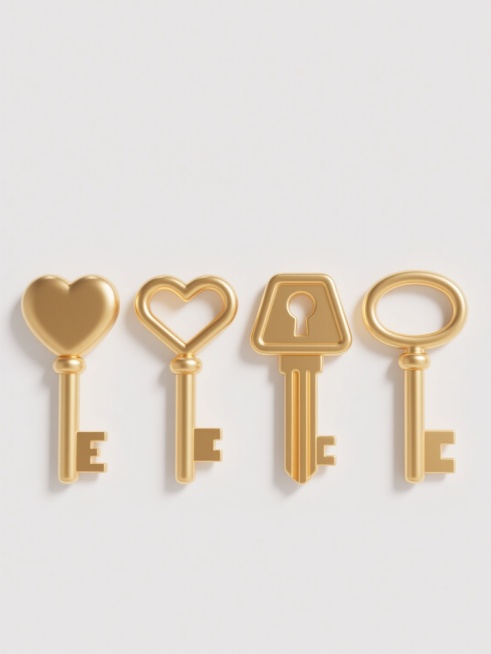 3D风格的四把不同样式金色钥匙，每把钥匙设计独特，包含心形、几何形等不同造型的钥匙头，钥匙柄和钥匙齿细节丰富，金属质感强烈，带有光泽和细微的反光效果，整体呈卡通化3D设计风格，线条圆润流畅，排列整齐地置于纯白色背景上，构图简洁，视觉焦点突出。预览效果