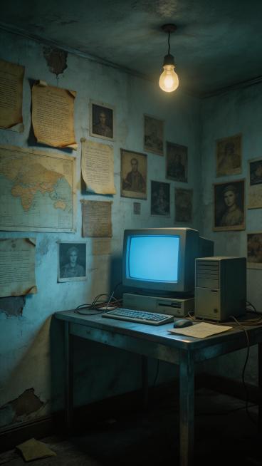 全景，狭小的秘密实验室，斑驳白墙贴满泛黄古籍残页、手绘地图、诡异老照片，头顶白炽灯忽明忽暗，中央老式台式电脑亮着屏幕，夜晚，冷暗色调，中心构图，8k 写实风格，悬疑氛围预览效果