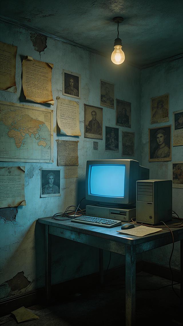 全景，狭小的秘密实验室，斑驳白墙贴满泛黄古籍残页、手绘地图、诡异老照片，头顶白炽灯忽明忽暗，中央老式台式电脑亮着屏幕，夜晚，冷暗色调，中心构图，8k 写实风格，悬疑氛围