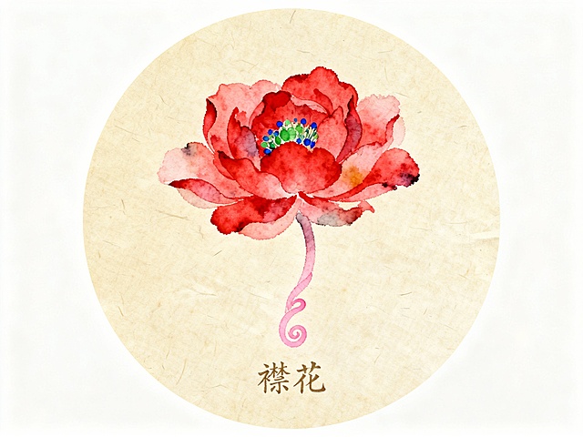 中国水墨画风格，圆形构图，米黄色宣纸背景，中央是一朵盛开的红色襟花，花瓣边缘略带晕染效果，花心点缀着绿色和蓝色的装饰，花茎呈粉色螺旋状，底部配有"襟花"两个古朴的汉字，整体画面淡雅清新，笔触自然流畅，具有传统水墨的韵味和质感。