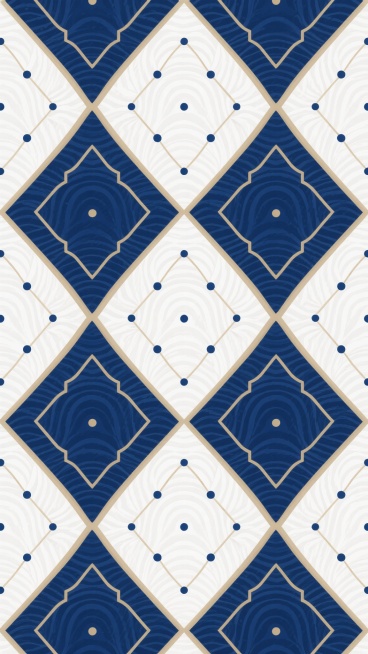 菱形几何图案无缝背景，深靛蓝与象牙白为主色调，菱形内部填充细腻的波浪纹理，菱形边缘有浅金色细线勾勒，菱形之间的白色区域点缀着微小的深蓝色圆点，整体呈现出精致典雅的复古装饰风格，图案排列整齐对称，视觉上具有强烈的秩序感和韵律感，色彩搭配沉稳而不失细节变化。预览效果
