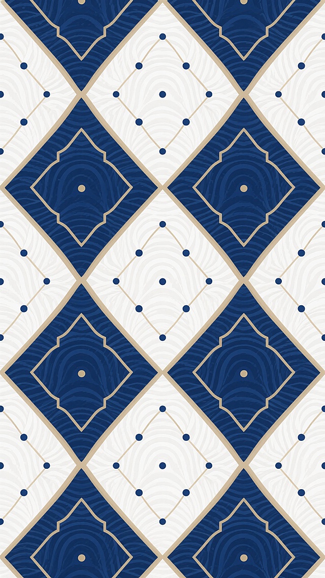 菱形几何图案无缝背景，深靛蓝与象牙白为主色调，菱形内部填充细腻的波浪纹理，菱形边缘有浅金色细线勾勒，菱形之间的白色区域点缀着微小的深蓝色圆点，整体呈现出精致典雅的复古装饰风格，图案排列整齐对称，视觉上具有强烈的秩序感和韵律感，色彩搭配沉稳而不失细节变化。