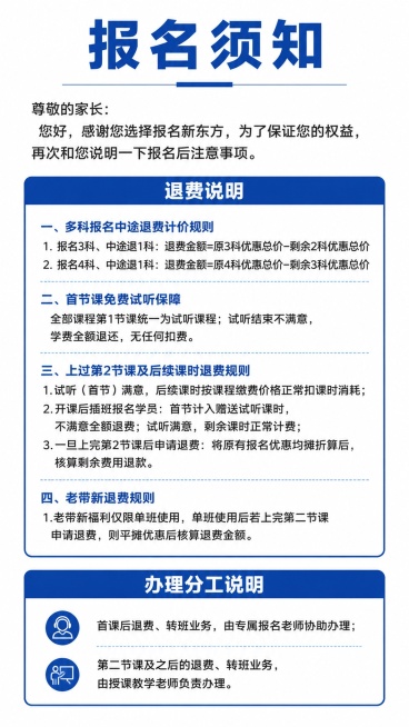 一张竖版通知公告海报，新东方报名须知海报，正式清晰风格，9:16比例。

整体版式：顶部大标题区 + 开篇问候段落 + 退费说明板块（带蓝色标题栏和边框） + 办理分工板块，整体分段清晰，蓝色标题栏、预览效果