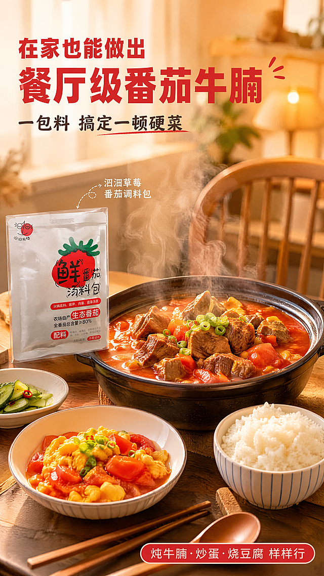 [第7张] 场景种草①——番茄炖牛腩/番茄炒蛋家常餐桌场景。本张使用【图1】作为产品包装展示。
[氛围/风格] 温馨家常烟火气，治愈系餐桌场景，小红书种草风，商业美食摄影质感。
[元素布局] 画面中央为一桌丰盛的家常饭菜，主菜是一锅冒着热气的番茄炖牛腩（占画面35%），牛腩块大，汤汁红亮，表面撒葱花；旁边配一碗番茄炒蛋和白米饭；产品调料包【图1】立在餐桌左侧（占比20%）；背景是温馨的家庭餐厅，虚化的餐椅和暖光灯；桌面有筷子、汤勺、小碟等餐具。
[光影质感] 暖黄色餐厅灯光，食物表面有油亮高光，蒸汽柔和升腾，整体温暖有食欲有家的感觉。
[配色色系] 全局底色 #FFF1E6 暖米调；主色番茄红 #E63946；辅助色暖黄 #FFB703 + 木色餐桌。
[视角构图] 微俯视餐桌视角，炖牛腩为视觉中心，阅读动线从左上标题→中央美食→左侧产品。
[文字版式] 左上标题区。主标题「在家也能做出」，番茄红色粗黑体；下一行「餐厅级番茄牛腩」，字号更大加粗；副标题「一包料 搞定一顿硬菜」，深灰色；右下角红色胶囊标签「炖牛腩·炒蛋·烧豆腐 样样行」；产品旁小字标注「汩汩草莓番茄调料包」。
[比例分辨率] 9:16 竖版比例，4K分辨率，文字清晰可辨。
[负向提示词] 食物不新鲜，包装变形，文字错乱，水印，餐桌脏乱，颜色灰暗。
