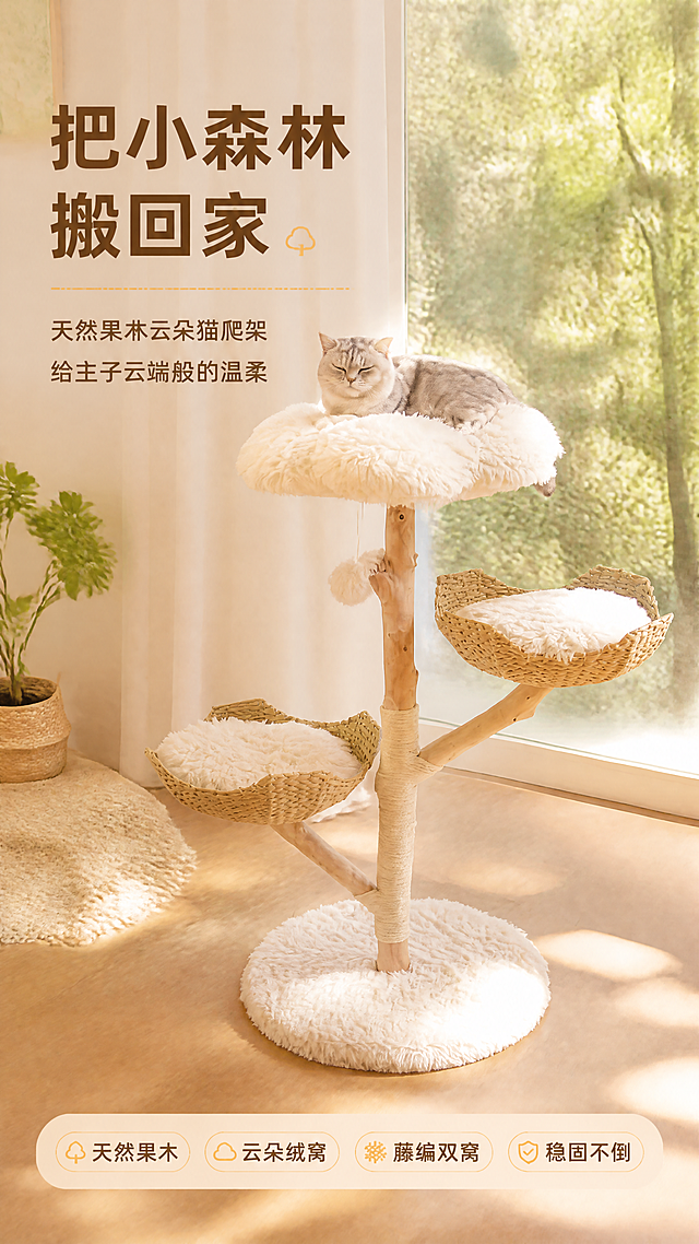 [第1屏] 详情页头图-天然果木云朵猫爬架氛围海报。本屏使用【图1】作为商品主体，保留产品结构和外观。
[氛围/风格] 温馨治愈暖调家居风，午后暖阳氛围感，商业摄影质感，柔和自然，让人一眼心动想给猫咪安排。
[元素布局] 猫爬架置于画面中央偏右，占比约60%；一只银渐层猫咪慵懒地卧在顶层云朵绒窝上，眯眼享受阳光；背景换成落地大窗边的温馨客厅，窗外有绿色树叶光影，左侧米色窗帘轻垂，地面是暖木色地板，角落有一小盆绿植和针织地毯；产品物理结构（果木主干、三个窝层、云朵顶窝、藤编侧窝、毛绒底盘、剑麻缠绕、逗猫球吊坠）与输入图完全一致，材质质感真实。
[光影质感] 右侧午后暖阳光斜射进来，在地板和猫爬架上投下柔和光斑，猫咪毛发有金色轮廓光，整体明亮温暖，阴影柔和不生硬。
[配色色系] 全局底色暖米白#FFF8F0；主色原木色+奶白色；辅助色浅绿（窗外植物）、暖棕（地板）。
[视角构图] 正面微仰视，产品为视觉中心，阅读动线左上标题→中央产品→底部信息条。
[文字版式] 左上标题区：主标题「把小森林搬回家」大号圆润粗黑体，副标题「天然果木云朵猫爬架 给主子云端般的温柔」中号字；底部横条信息：「天然果木·云朵绒窝·藤编双窝·稳固不倒」四个圆角标签横向排列；文字不遮挡产品主体，颜色深棕+暖橙点缀。
[比例分辨率] 3:4竖版比例，4K分辨率，文字清晰可辨，高清画质。
[负向提示词] 产品变形，结构错误，缺件错件，颜色偏差，水印，文字错乱，文字过小，猫咪畸形，背景杂乱，画面昏暗。