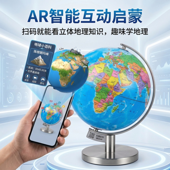 地球仪AR智能启蒙功能展示，蓝色地球仪搭配金属底座，旁边展示手机扫描地球仪，弹出AR立体地理知识的互动画面，主标题写"AR智能互动启蒙"，副标题写"扫码就能看立体地理知识，趣味学地理"，风格科技感，背预览效果