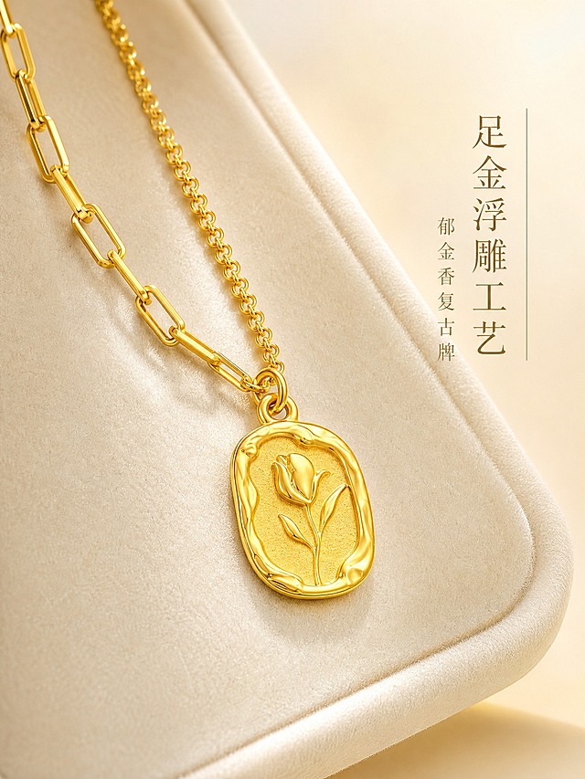 [主图-2] 北臣黄金郁金香套链 材质工艺展示 突出足金质感与浮雕工艺
[统一基调] 高级轻奢珠宝风 奶油香槟金渐变背景 柔光箱主光加窄条轮廓光 字体为文艺纤细衬线体 标题字色深金棕 辅助字色浅灰金 整体克制精致 极少量文案
[画面] 静物陈列构图 北臣黄金郁金香套链平铺于米白色绒面托盘上 吊坠居中放大展示 郁金香浮雕图案正面朝向观众 花瓣与茎叶的浮雕纹理清晰 边缘不规则锤纹质感可见 左侧展示不对称AB链的链节细节 长方格链与细O字链对比呈现 链节打磨光滑 黄金色泽均匀 画面右侧留白处放简短工艺说明 主体占画面约65% 视角45度微俯 背景为浅香槟金渐变 底部隐约有绒布托盘边缘
[光影质感] 顶级珠宝精修质感 多灯位柔光布光 正面柔光箱打亮吊坠主体 侧上方窄条光勾勒链条边缘与浮雕轮廓 吊坠浮雕凹陷处有柔和阴影 突出层次 黄金表面高光细腻 无划痕指纹 金属边缘顺滑 绒面背景有柔和漫反射
[配色] 背景浅香槟金渐变至奶油白 黄金主体暖金色 文字深金棕 整体暖调高级 无冷色干扰
[文字版式] 画面右侧竖排两行文字 上行"足金浮雕工艺" 稍大纤细衬线体 下行"郁金香复古牌" 小号浅灰金 文字不遮挡产品 放在右侧负空间
[输出要求] 比例3:4 文字清晰可读 产品微距清晰 浮雕纹理锐利 黄金颜色准确 负向：变形 错字 模糊 划痕 指纹 水印 平台Logo 廉价感 吊坠图案错误 链条结构错误 颜色发青发灰
